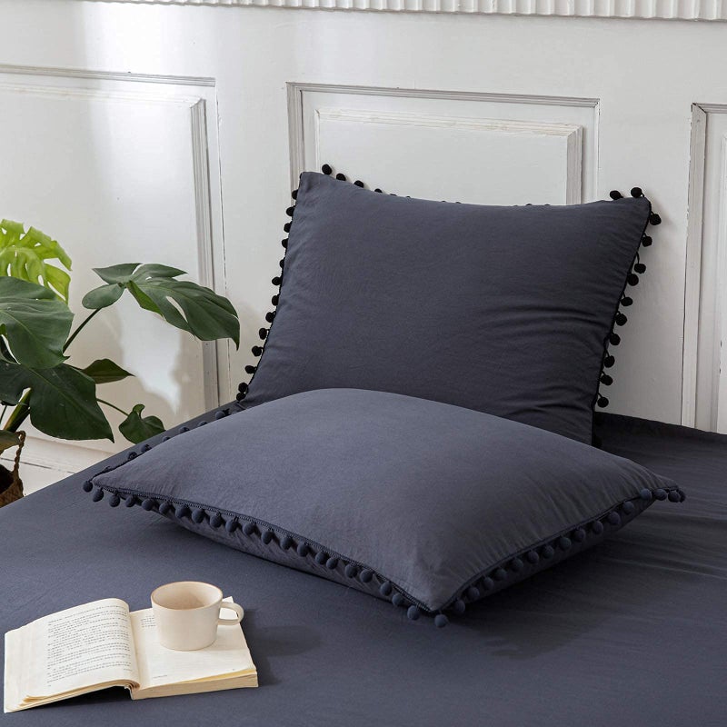 MOVE OVER Navy Blue Pom Poms Pillowcases, Dark Blue Standard Queen 20x30 Inches Pillowcases Set of 2, 100% Washed Microfiber, Navy Fringe Pillow Shams, 2 Pack (Standard, Navy Blue) - Image 2